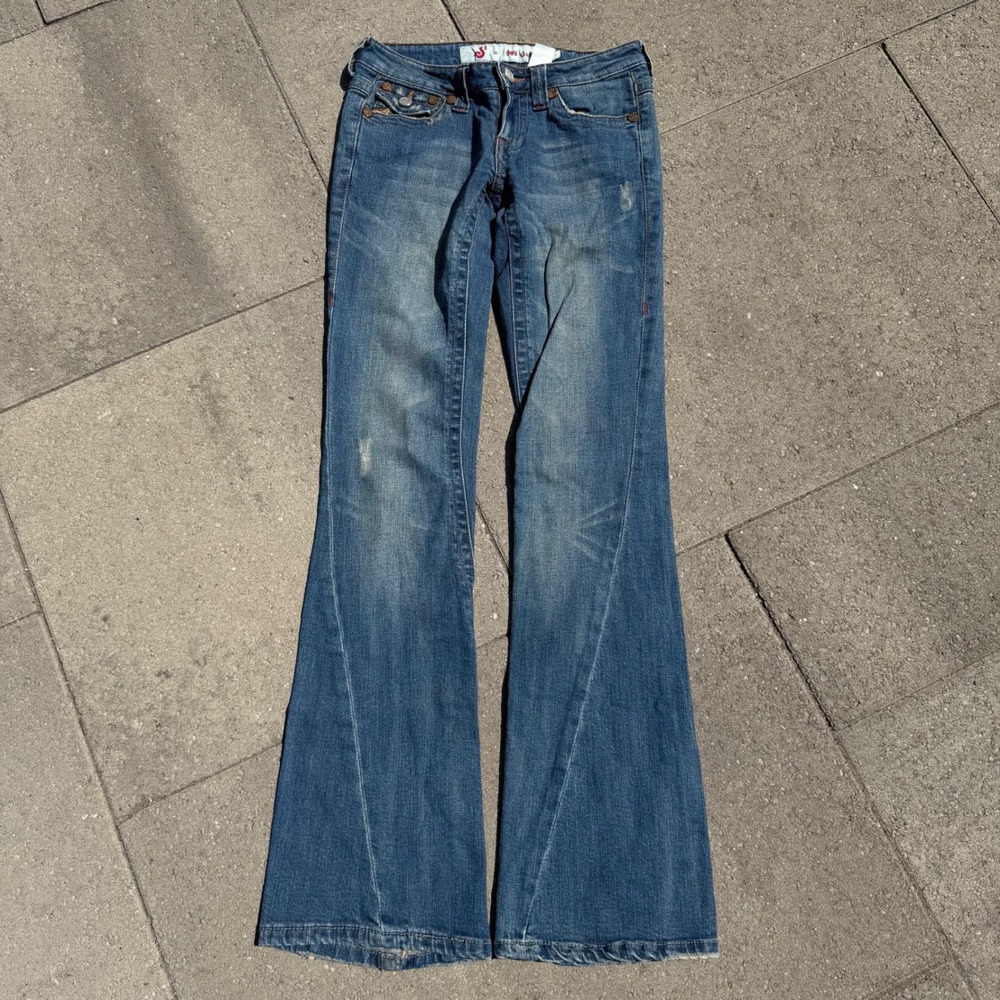Joy Jean Women Low Rise Flare Jeans Blue Distressed Rainbow Horseshoe Size 1